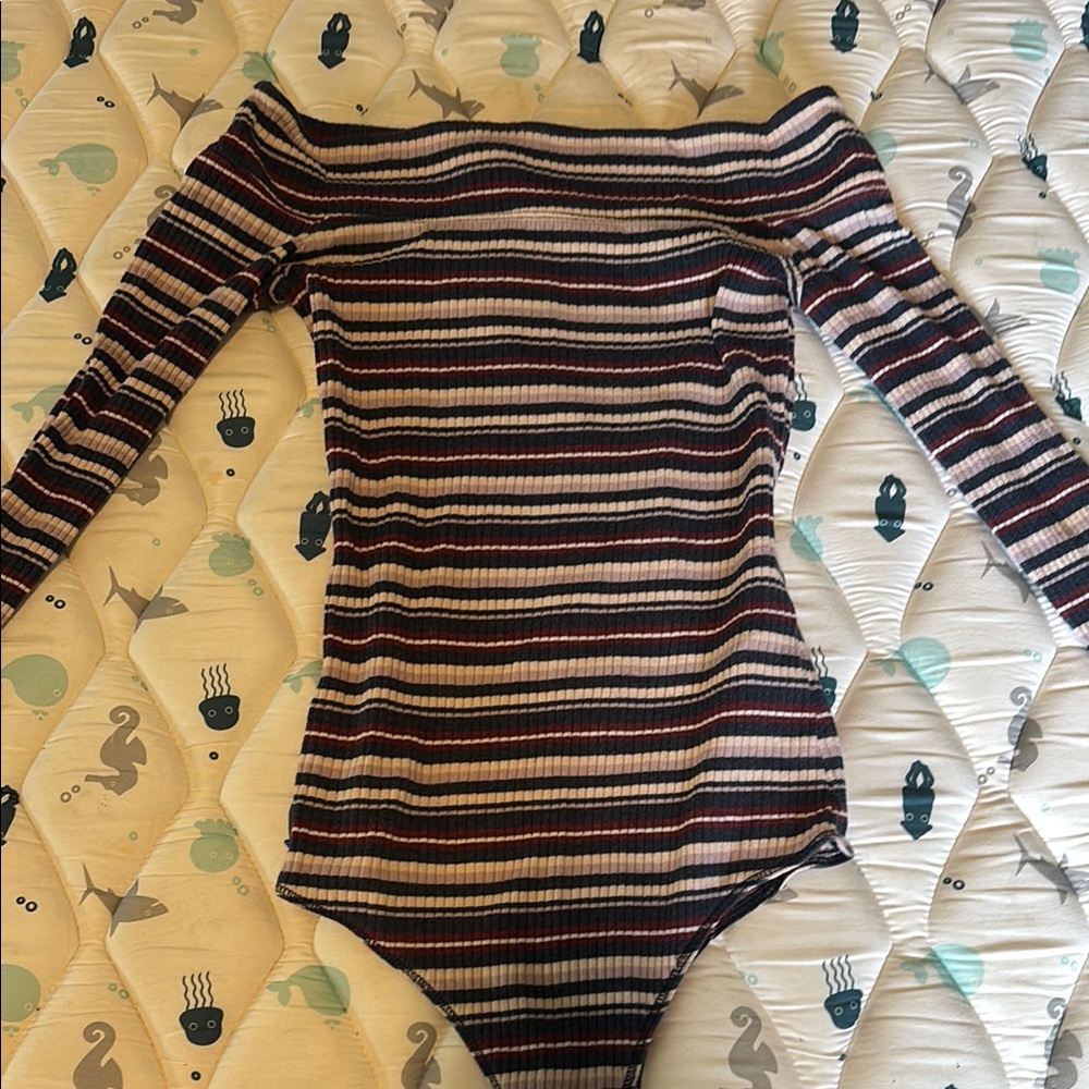 Hollister Striped Off-Shoulder Bodysuit - Black, Pink, Cream